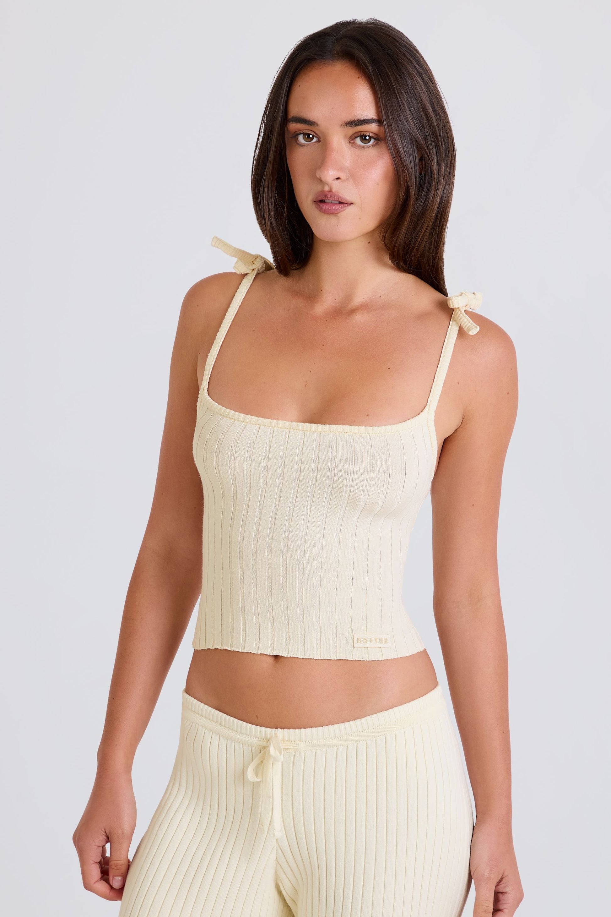 Ribbed-Knit Tie Tank Top in Cream
