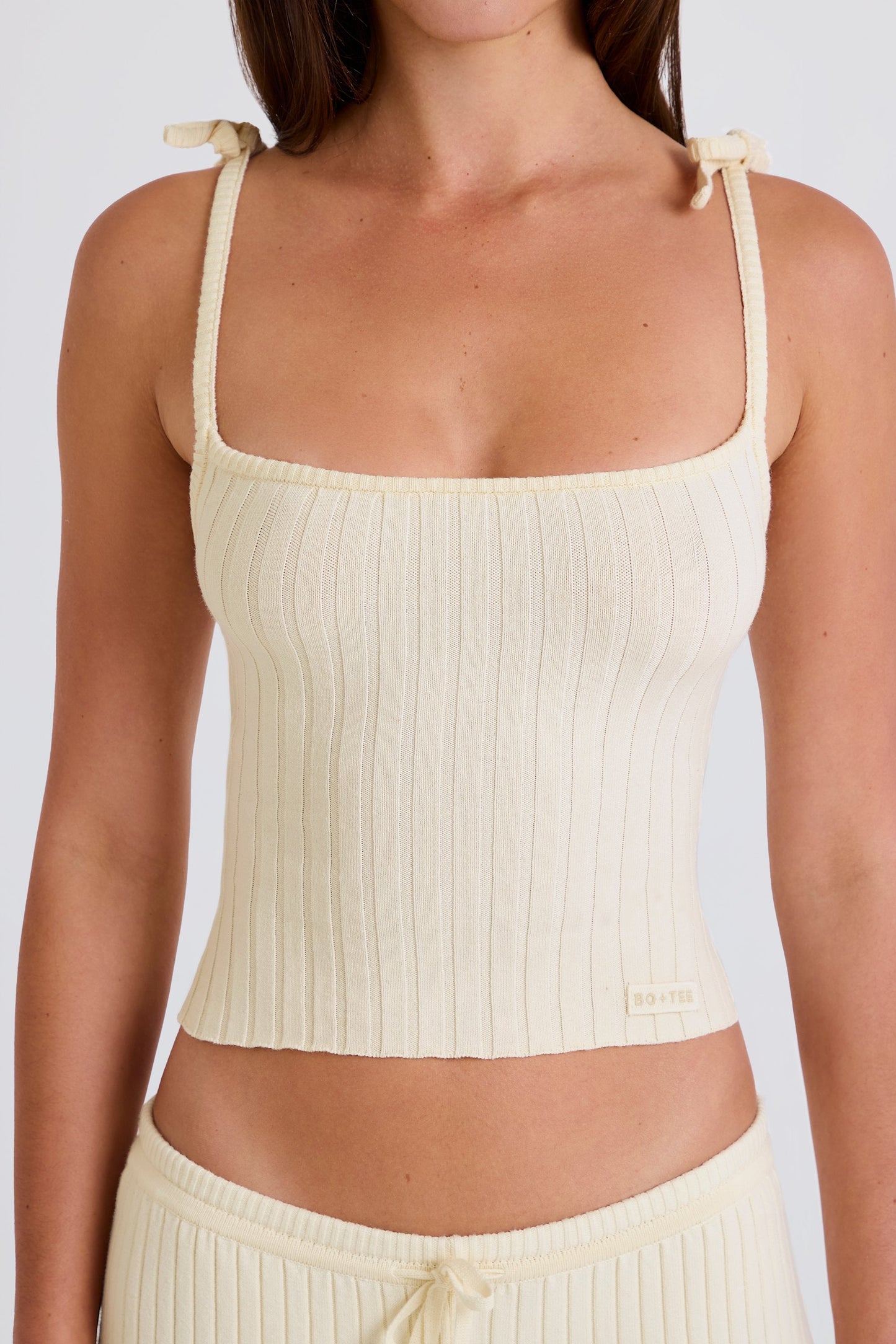Ribbed-Knit Tie Tank Top in Cream