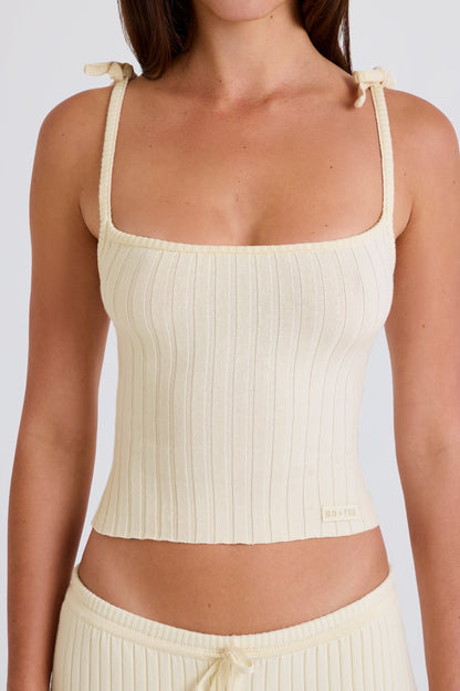 Ribbed-Knit Tie Tank Top in Cream