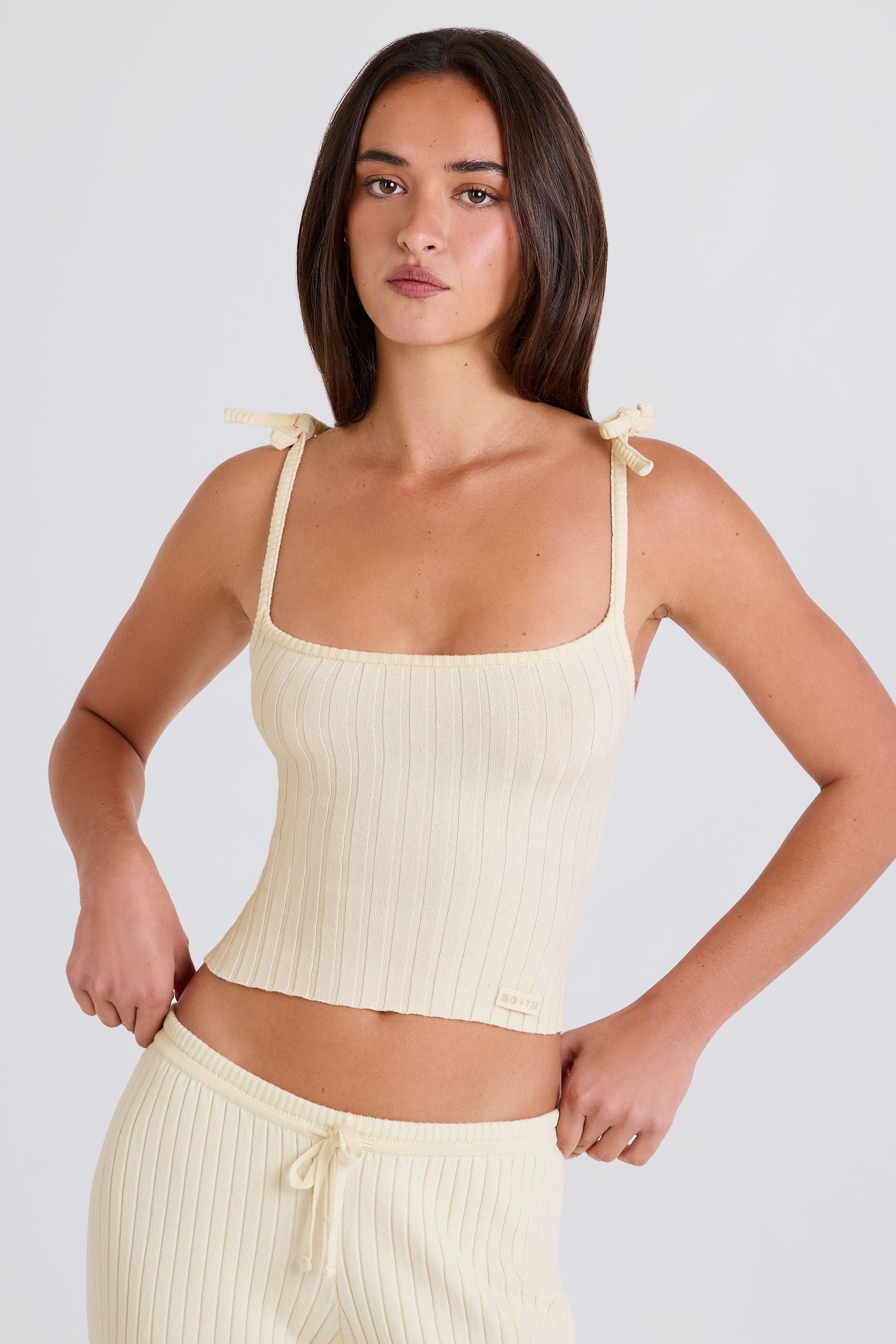 Ribbed-Knit Tie Tank Top in Cream