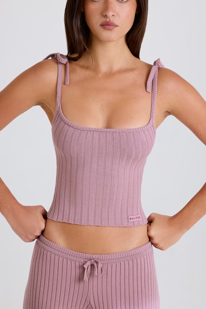 Ribbed-Knit Tie Tank Top in Mauve