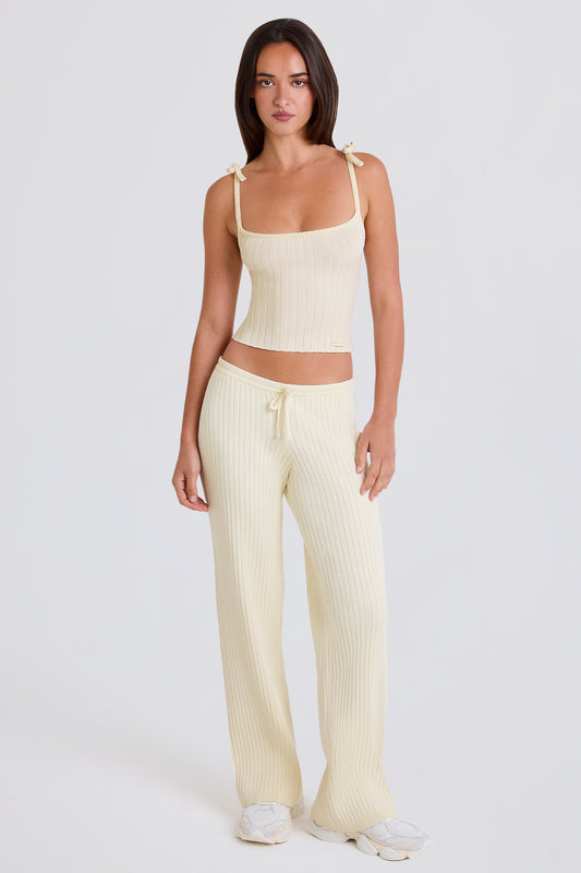 Ribbed-Knit Wide-Leg Joggers in Cream