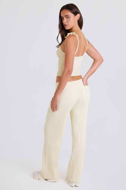 Ribbed-Knit Wide-Leg Joggers in Cream