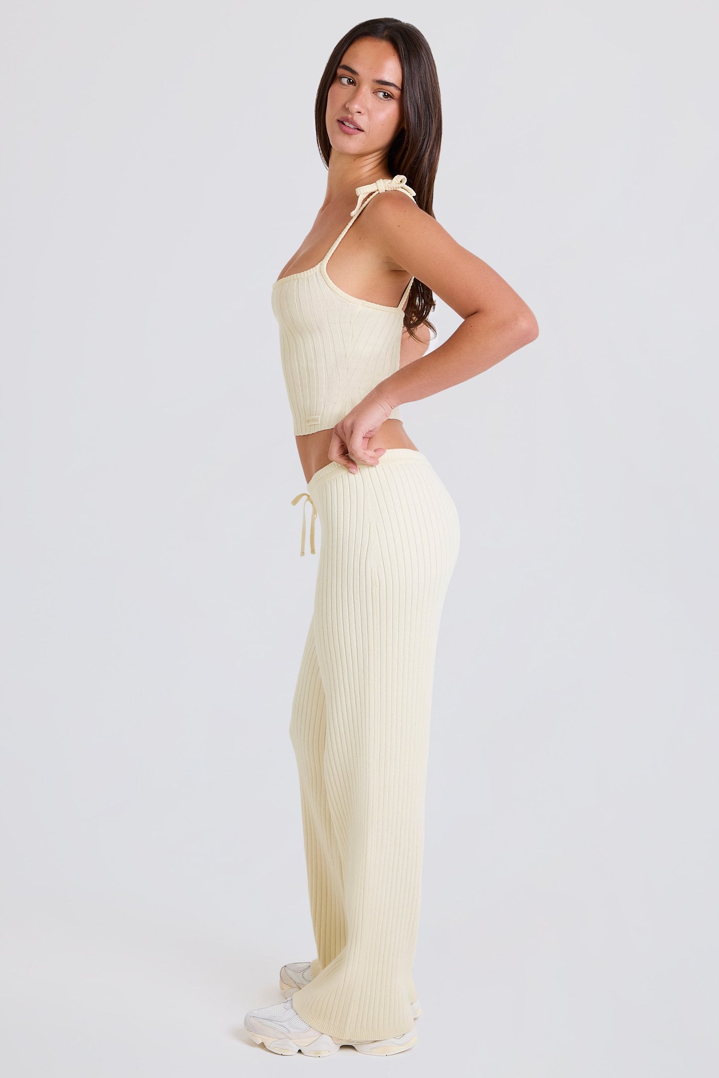 Ribbed-Knit Wide-Leg Joggers in Cream