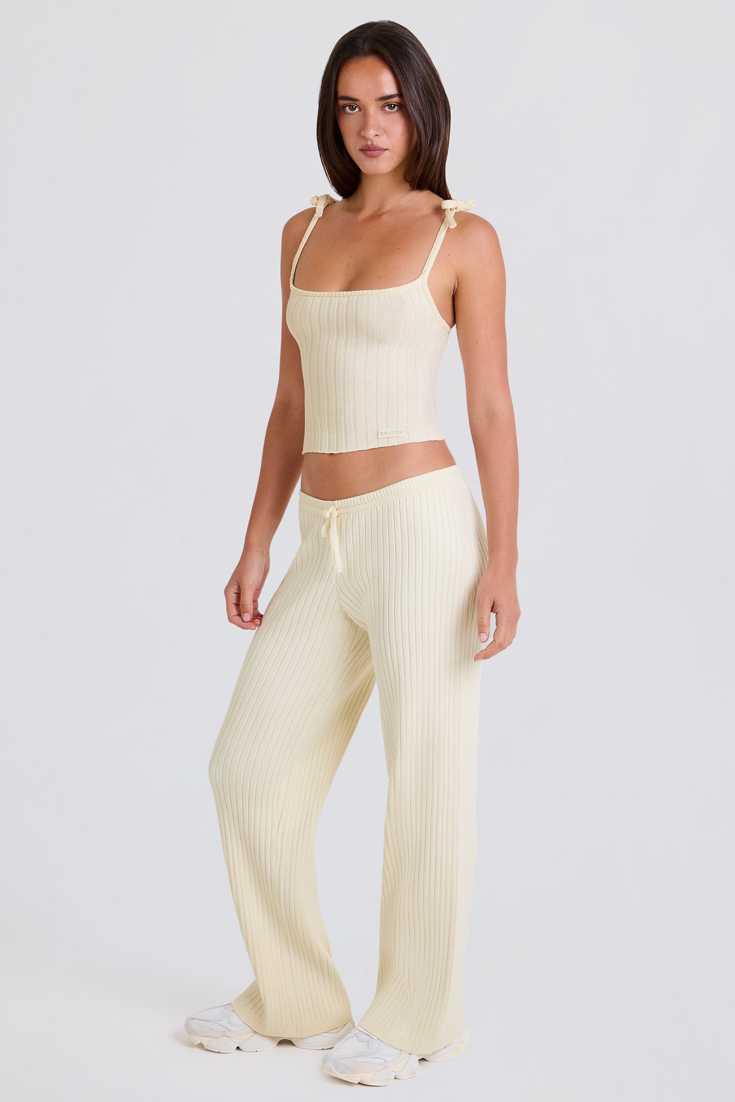 Ribbed-Knit Wide-Leg Joggers in Cream
