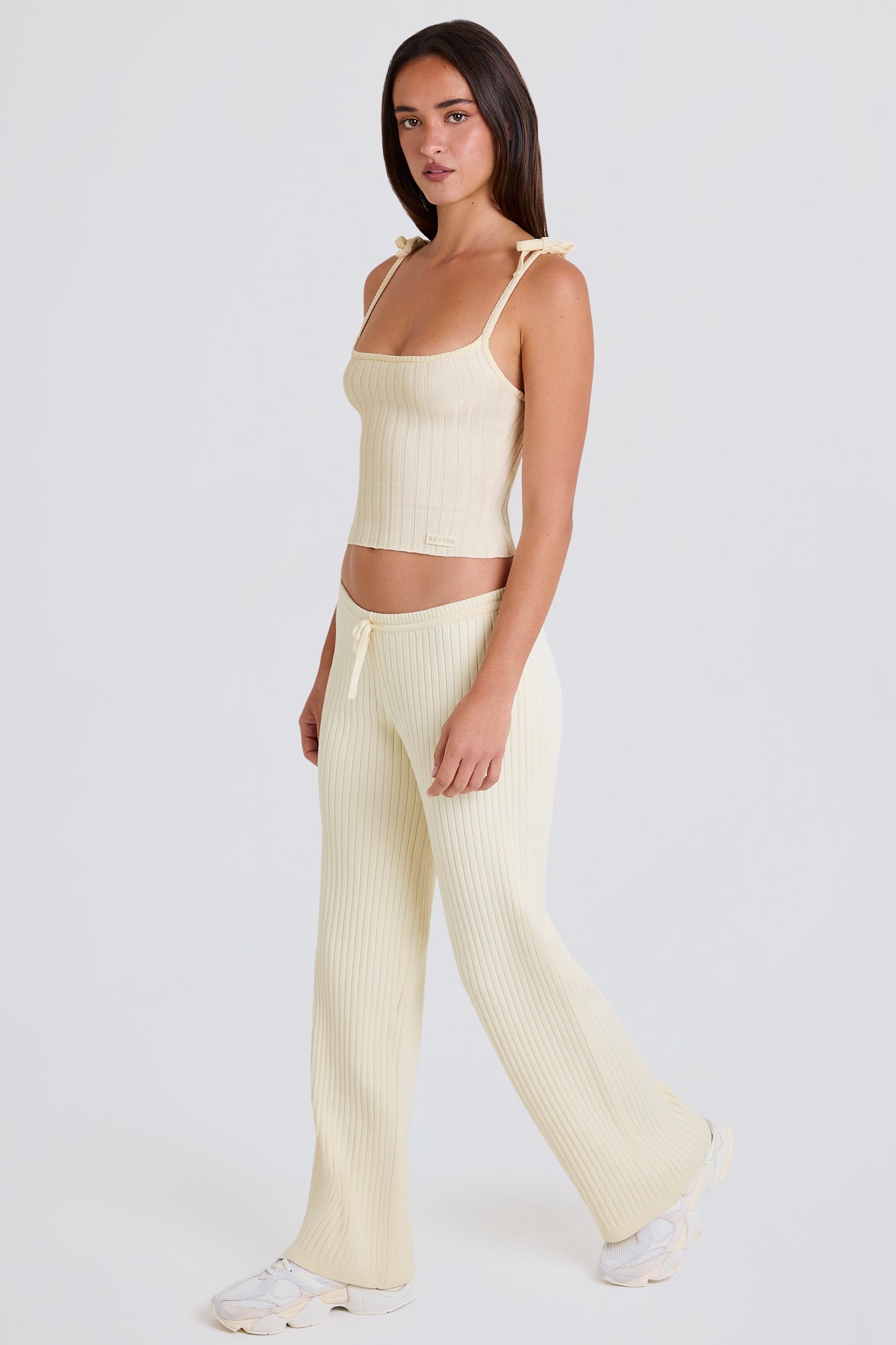 Ribbed-Knit Wide-Leg Joggers in Cream