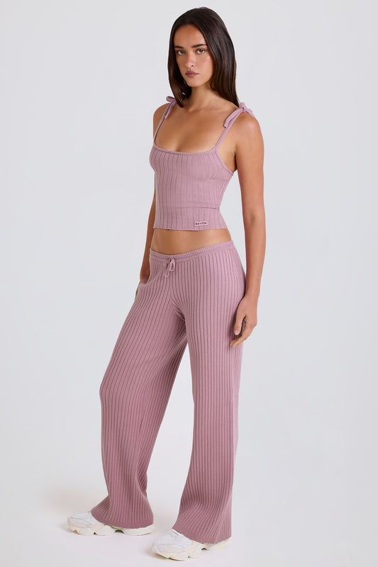 Ribbed-Knit Wide-Leg Joggers in Mauve