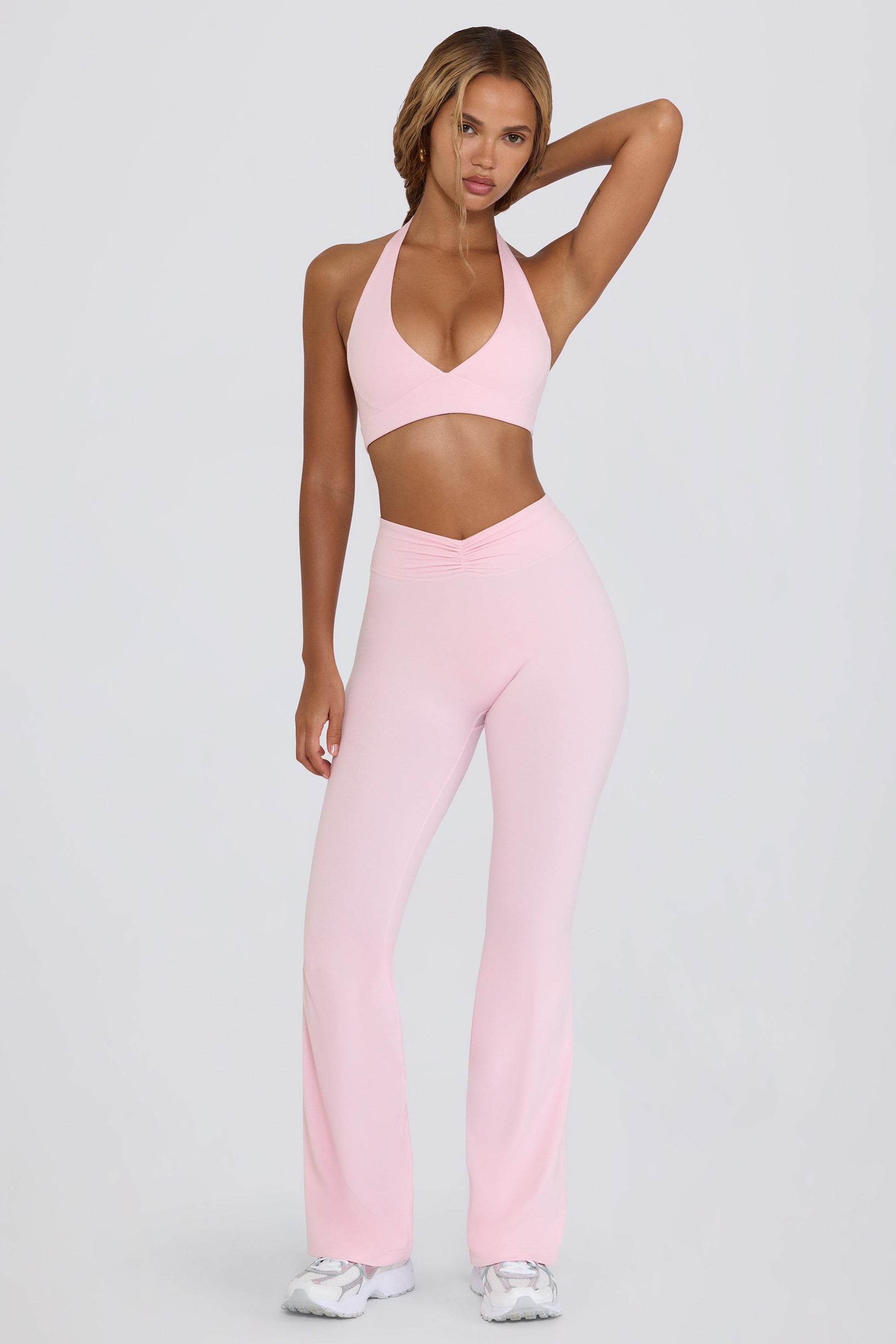 Ruched Flared Trousers in Pale Pink Marl