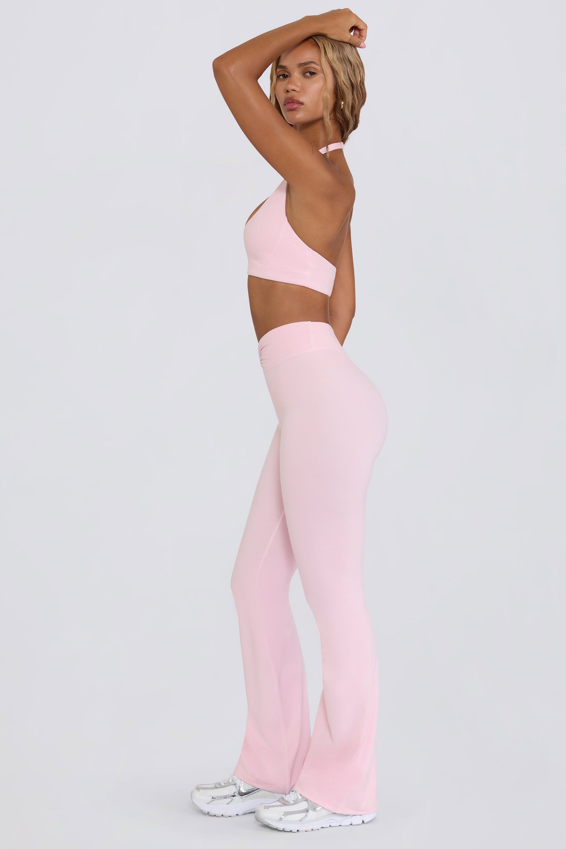 Ruched Flared Trousers in Pale Pink Marl