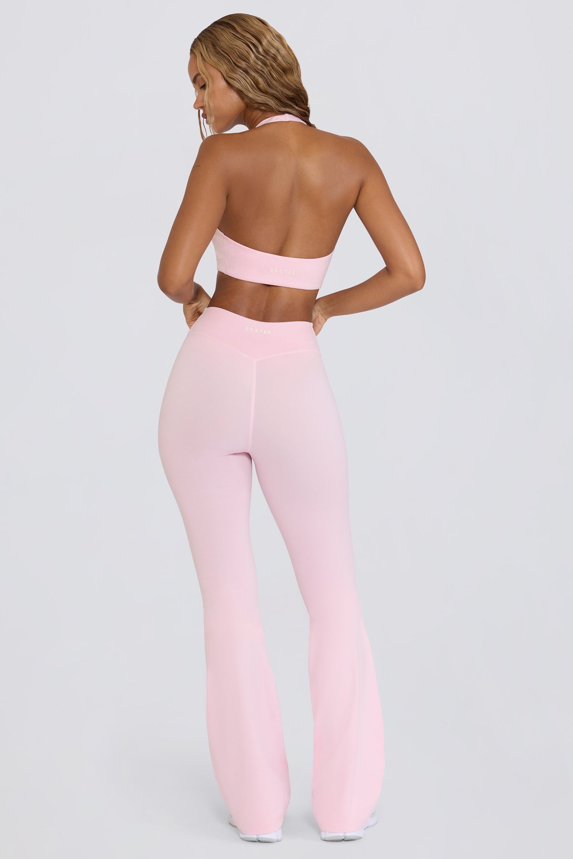 Ruched Flared Trousers in Pale Pink Marl