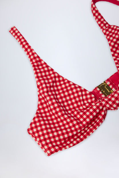 Knot-Detail Bikini Top in Red Gingham