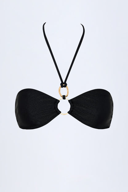 Hardware-Detail Ruched Halterneck Bikini Top in Black