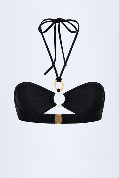Hardware-Detail Ruched Halterneck Bikini Top in Black