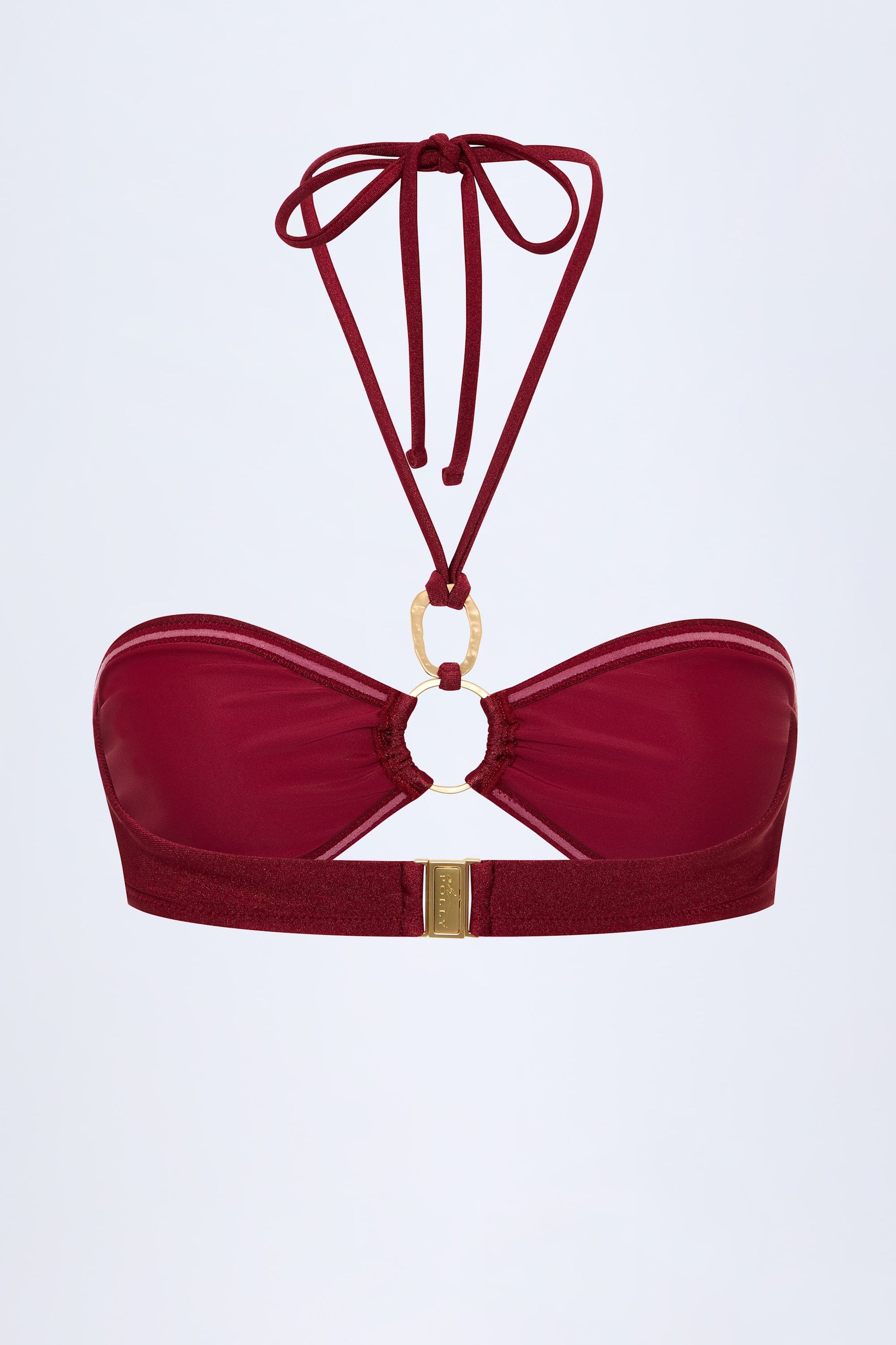 Hardware-Detail Ruched Halterneck Bikini Top in Dark Cherry