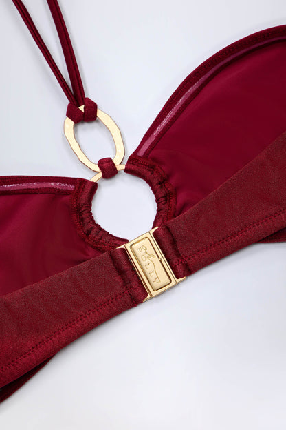 Hardware-Detail Ruched Halterneck Bikini Top in Dark Cherry