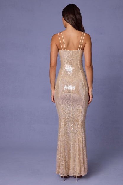 Embellished Square Neck Lace Gown in Pale Peach