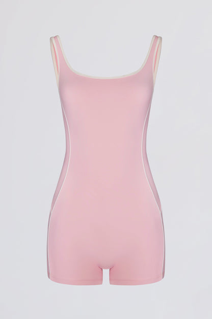 Soft Active Backless Contrast Unitard in Powder Pink