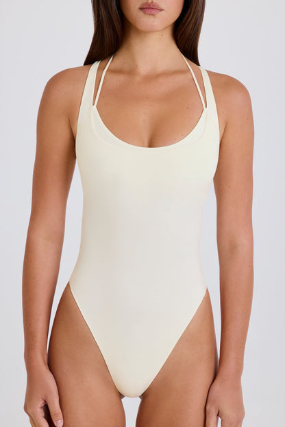 Soft Jersey  Layered Cross-Back Bodysuit in Cream