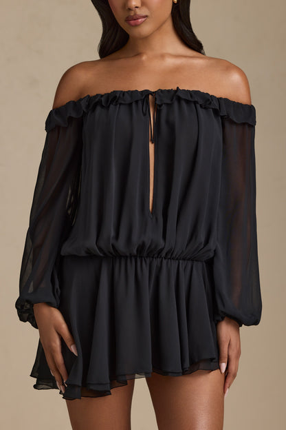 Off-Shoulder Asymmetric Balloon-Sleeve Mini Dress in Black