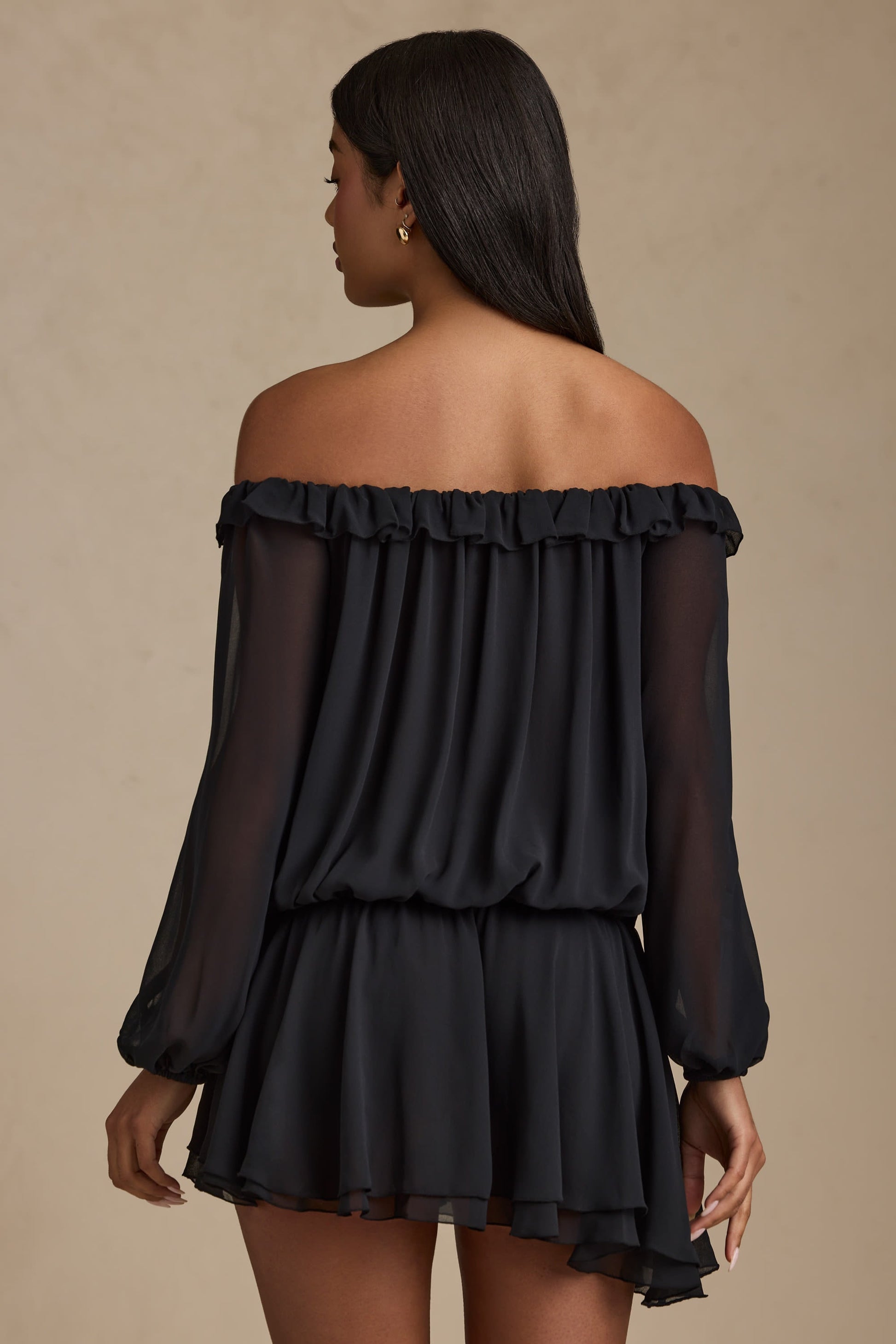 Off-Shoulder Asymmetric Balloon-Sleeve Mini Dress in Black