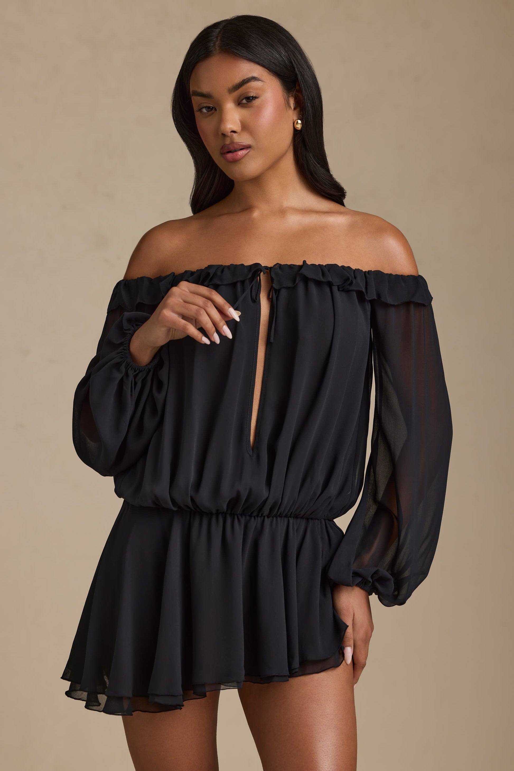 Off-Shoulder Asymmetric Balloon-Sleeve Mini Dress in Black