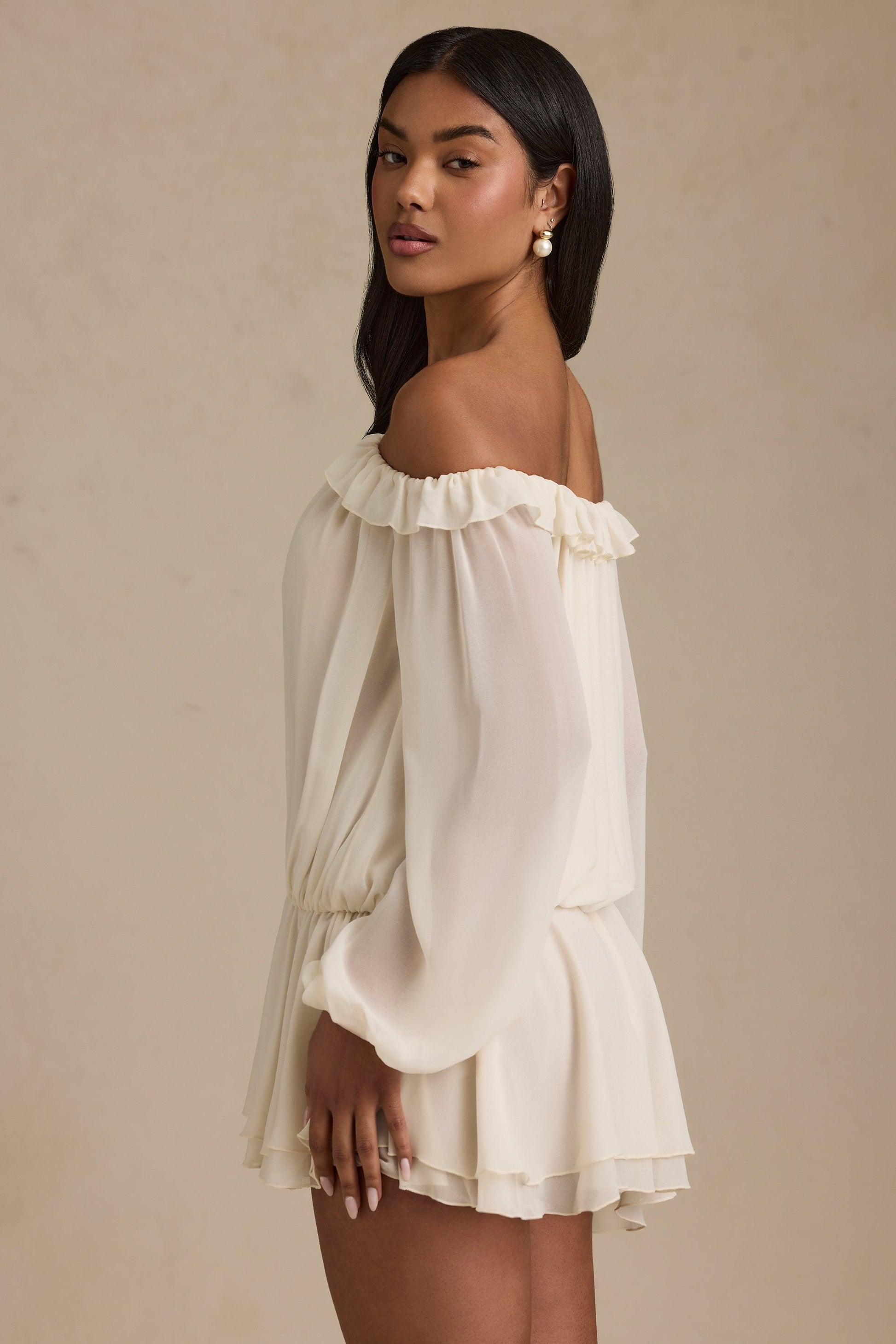 Off-Shoulder Asymmetric Balloon-Sleeve Mini Dress in Ivory
