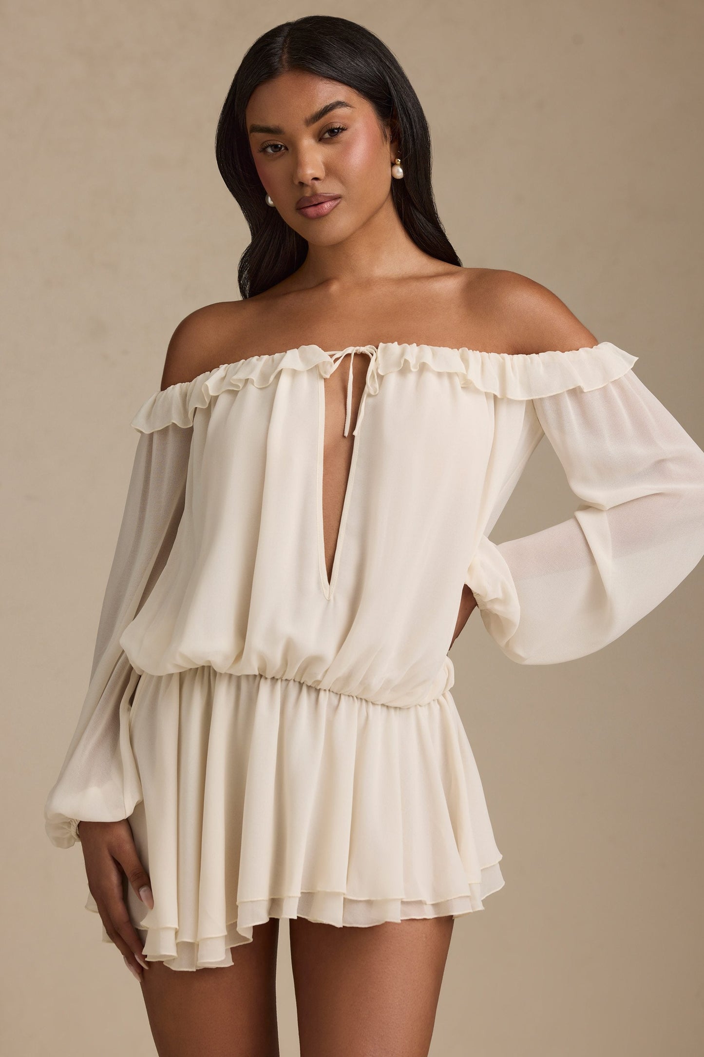 Off-Shoulder Asymmetric Balloon-Sleeve Mini Dress in Ivory