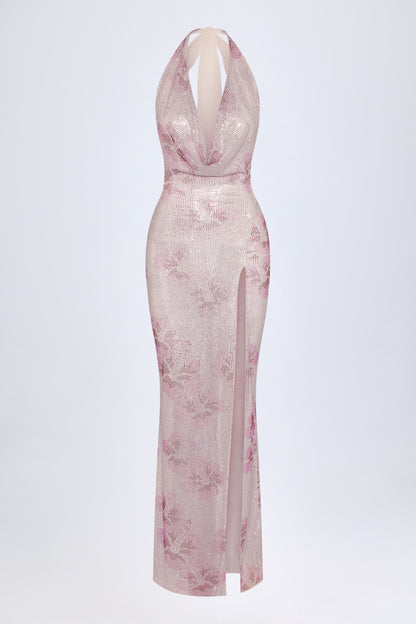 Embellished Cowl-Neck Maxi Dress in Pink White Hotfix