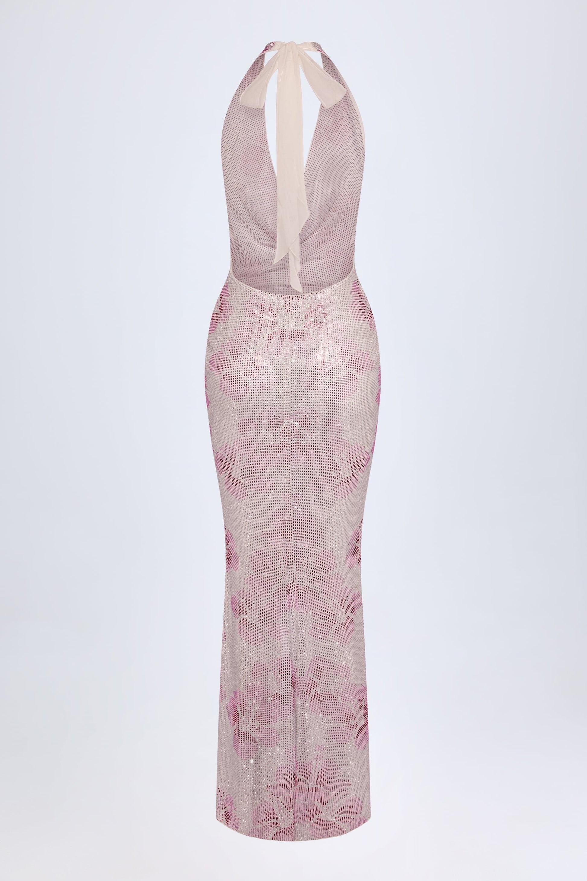 Embellished Cowl-Neck Maxi Dress in Pink White Hotfix