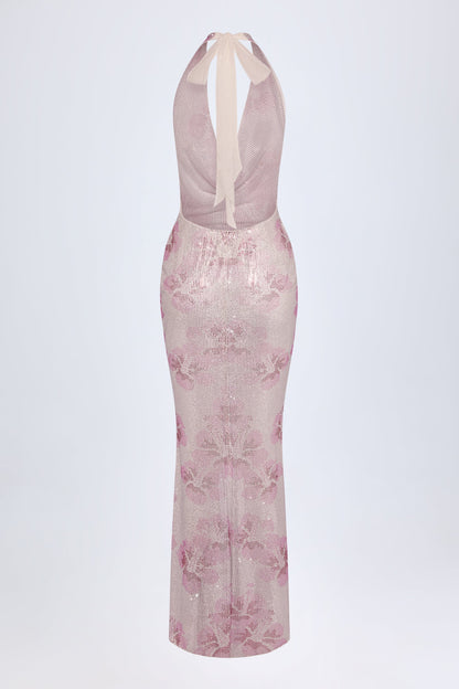 Embellished Cowl-Neck Maxi Dress in Pink White Hotfix