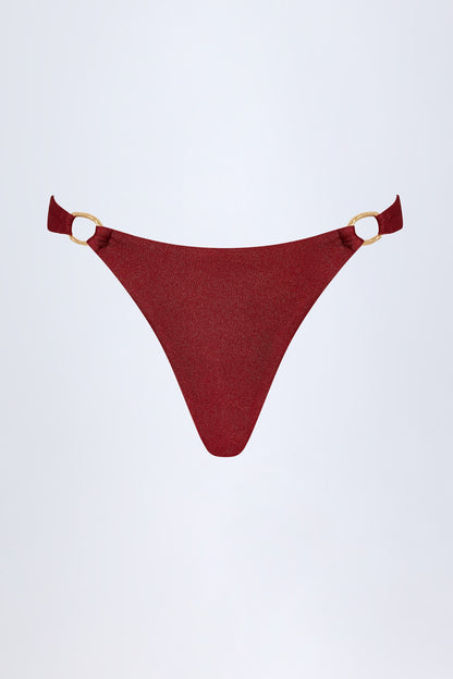 Hardware-Detail Thong Bikini Bottoms in Dark Cherry