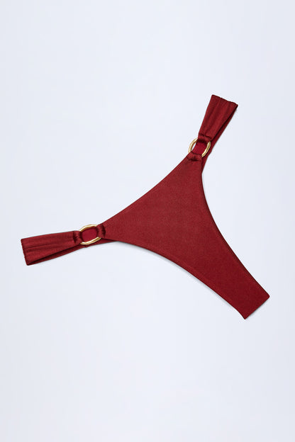 Hardware-Detail Thong Bikini Bottoms in Dark Cherry