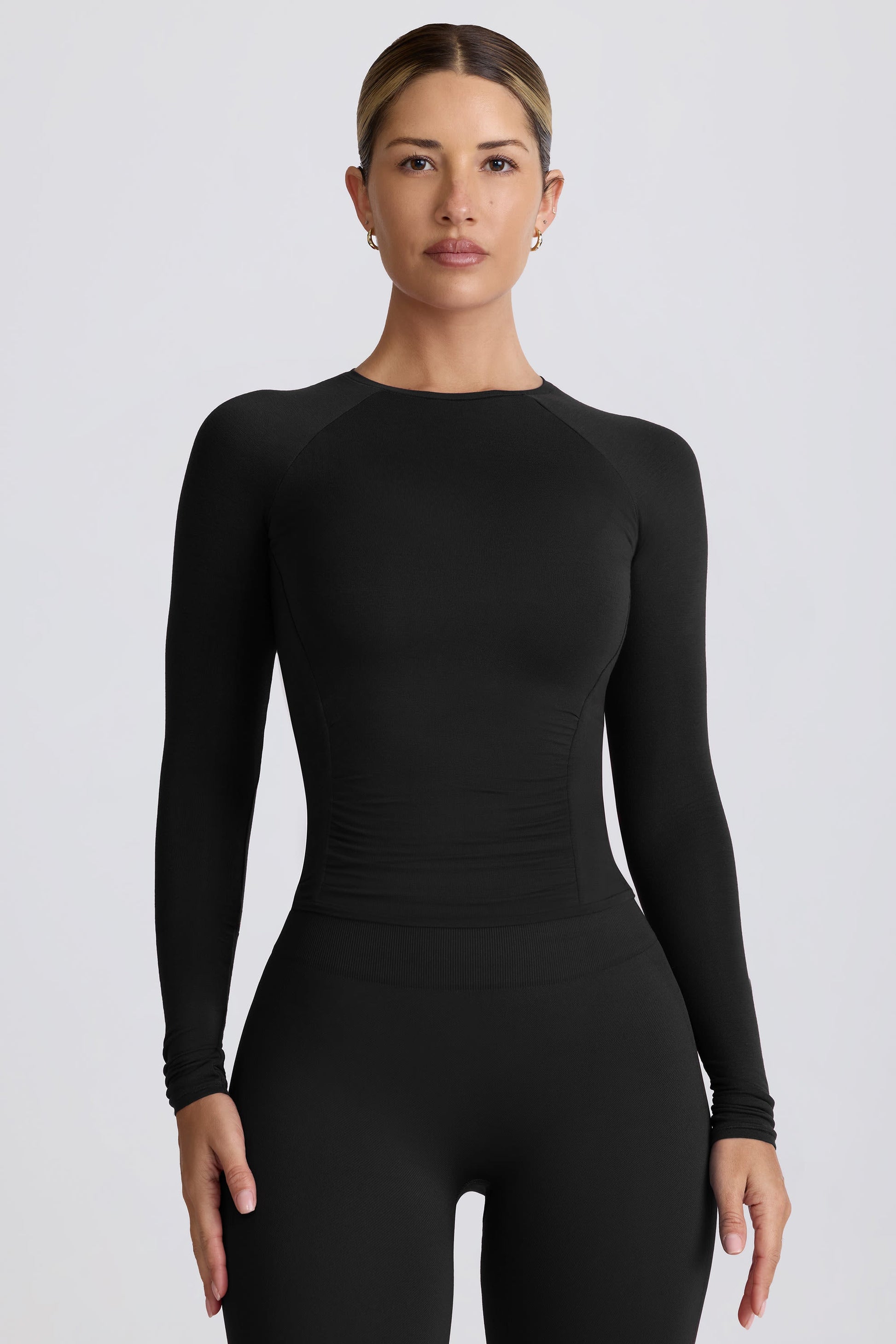Modal Ruched Long-Sleeve Top in Black