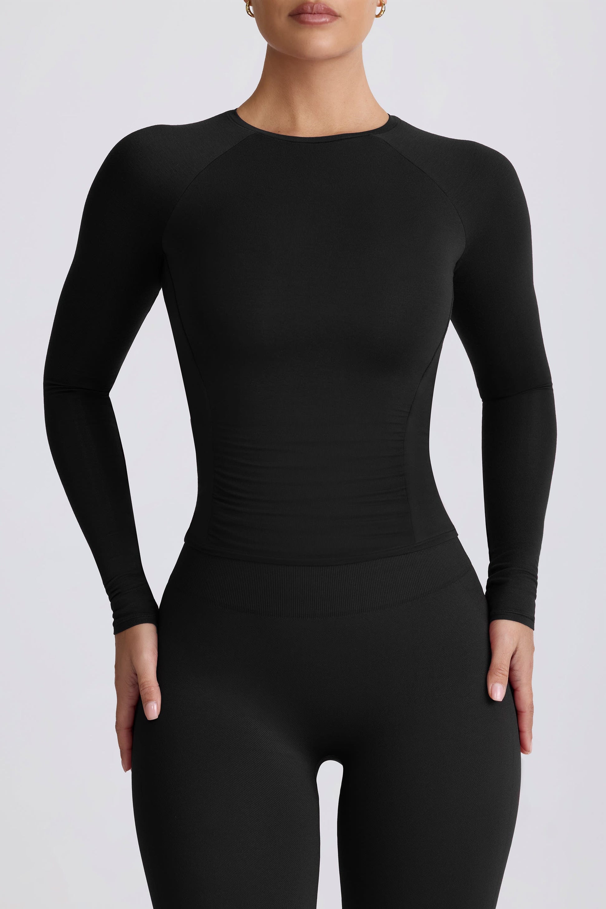 Modal Ruched Long-Sleeve Top in Black