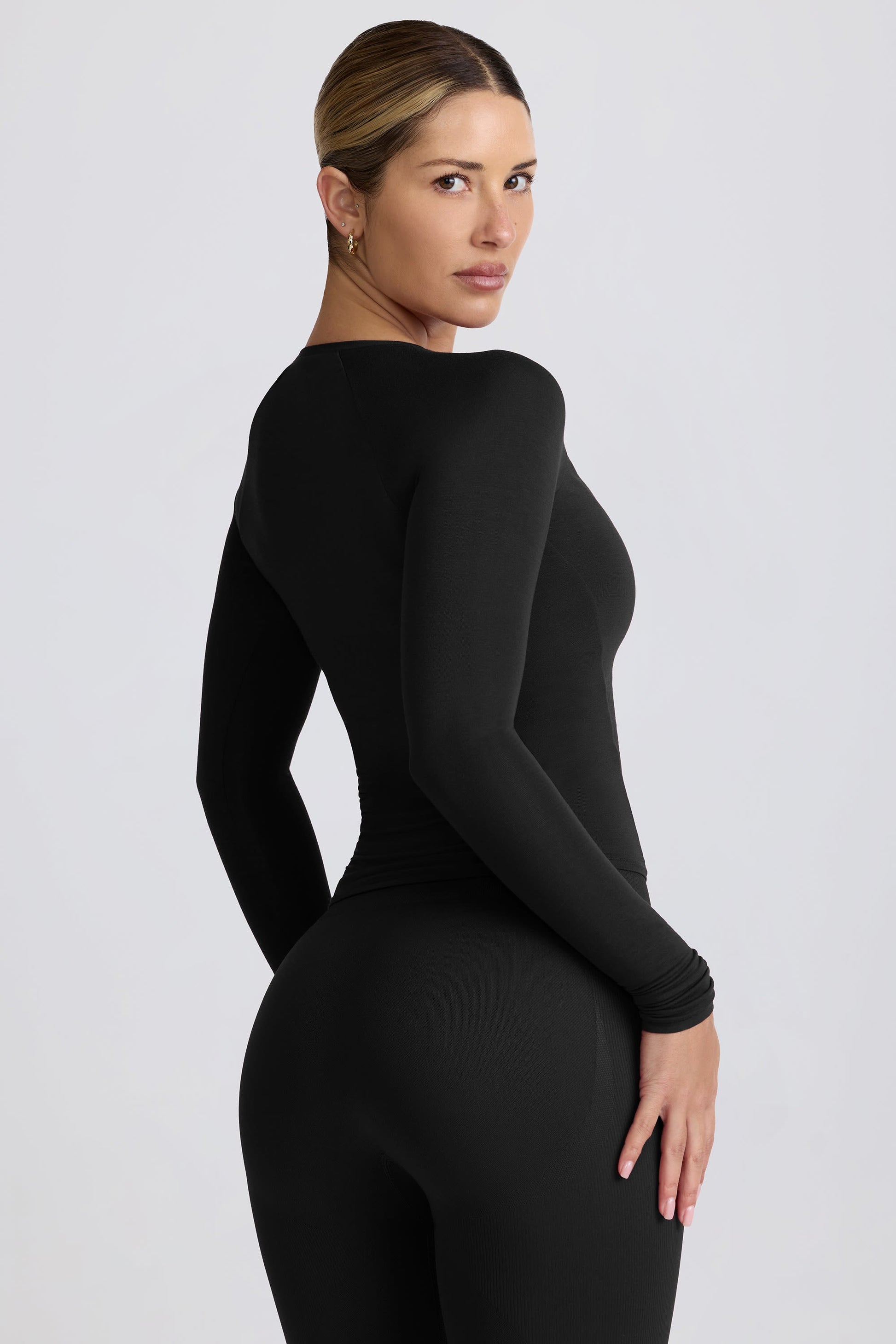 Modal Ruched Long-Sleeve Top in Black