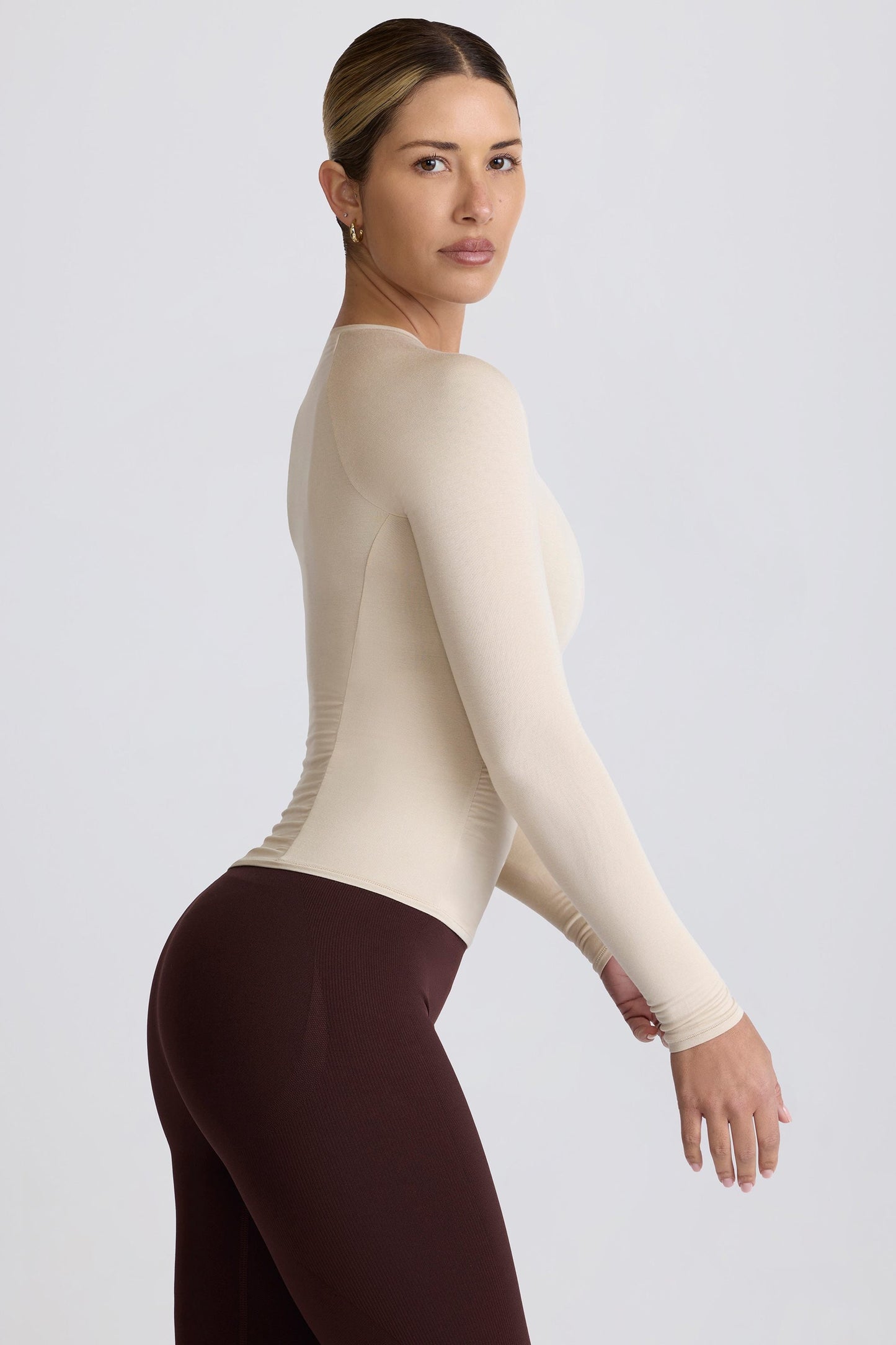 Modal Ruched Long-Sleeve Top in Bone