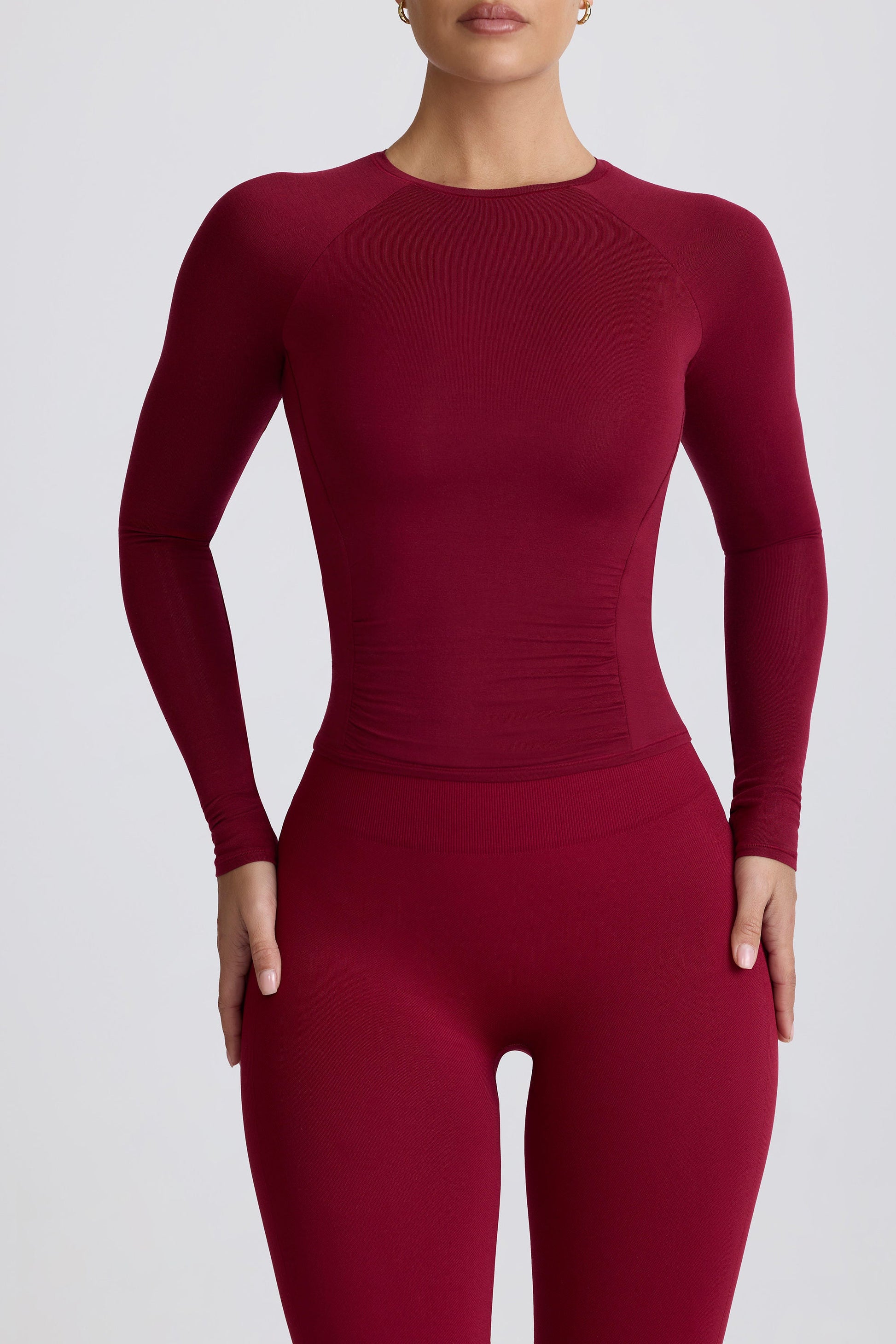Modal Ruched Long-Sleeve Top in Burgundy