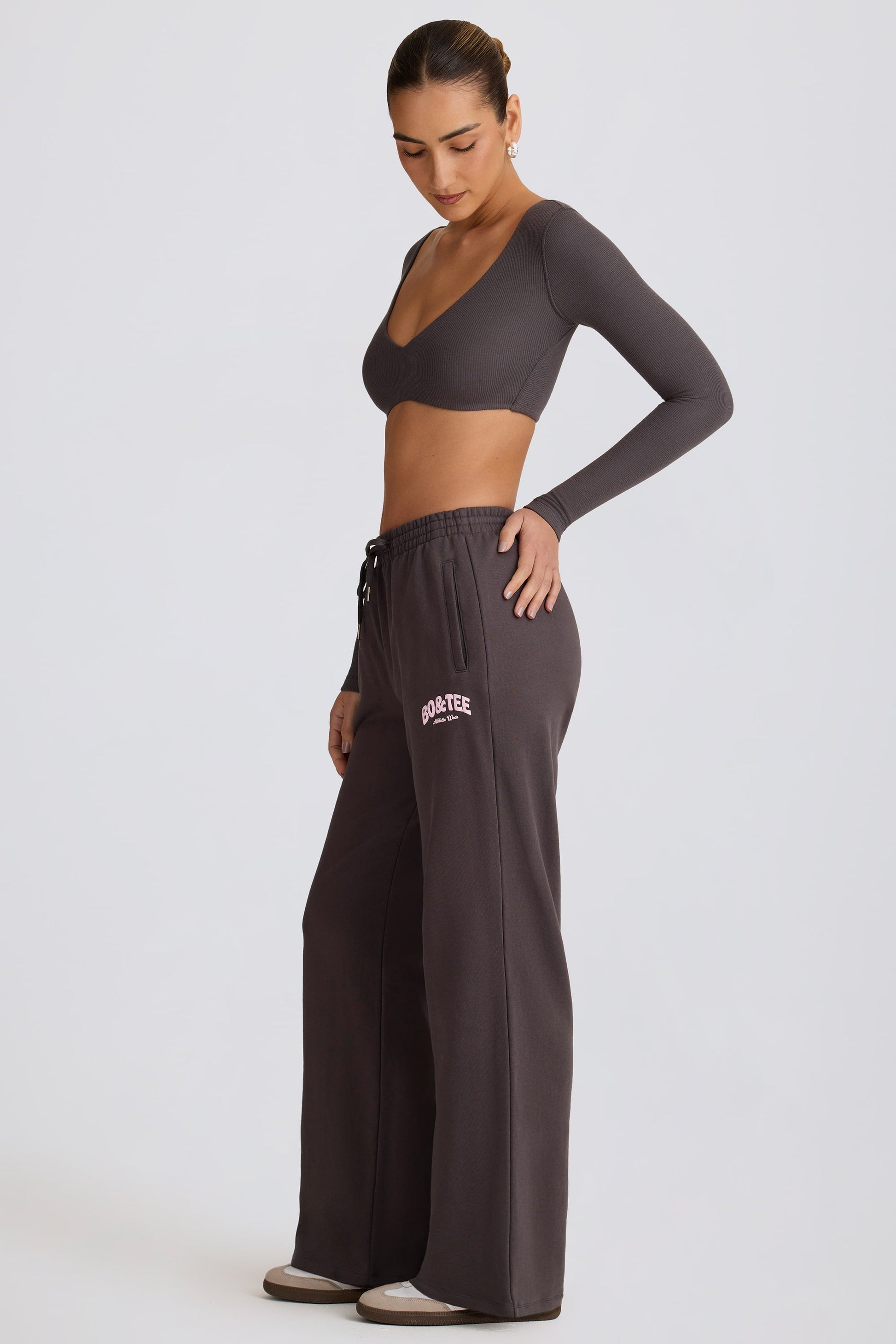 Mid-Rise Wide-Leg Joggers in Charcoal Grey