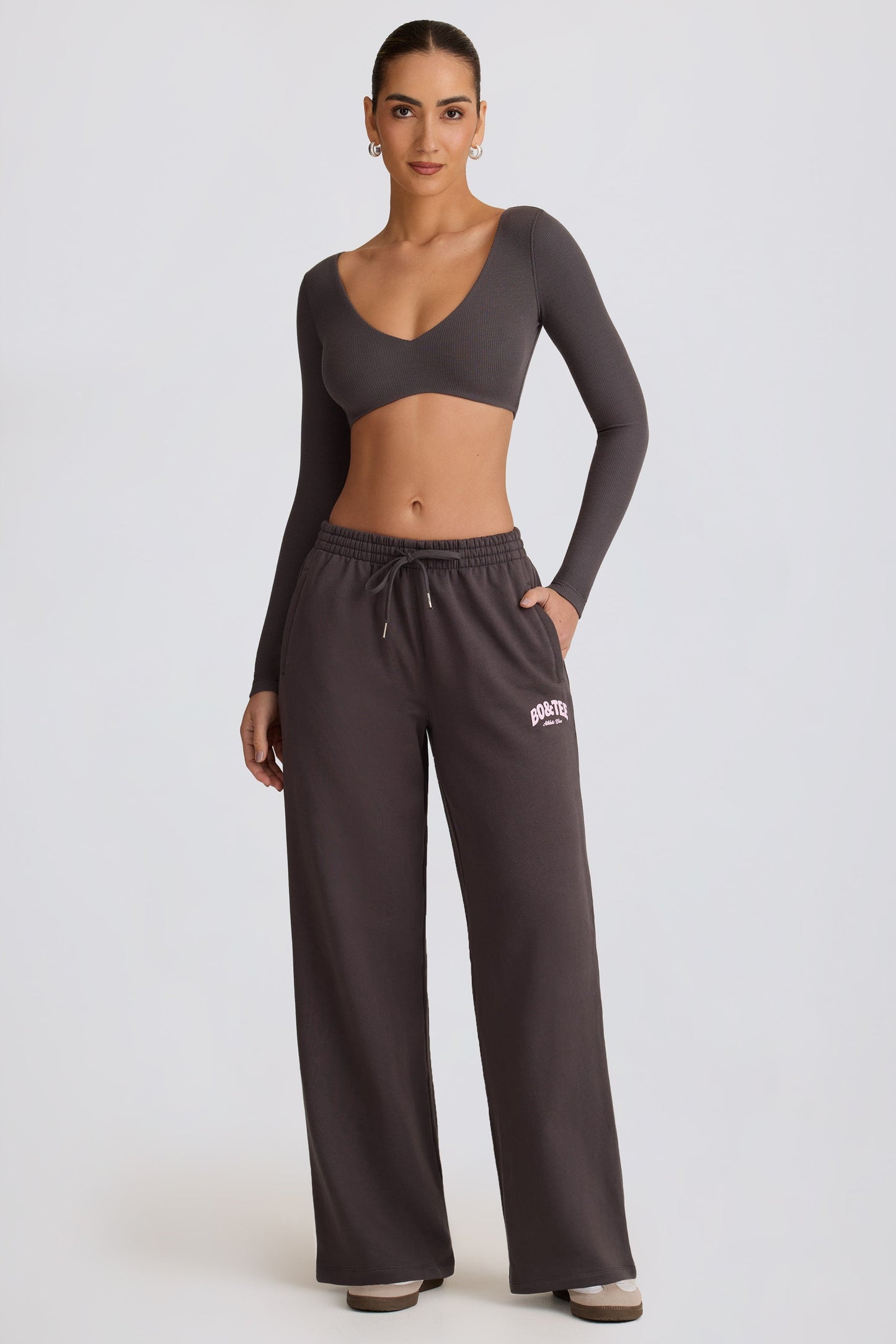 Mid-Rise Wide-Leg Joggers in Charcoal Grey