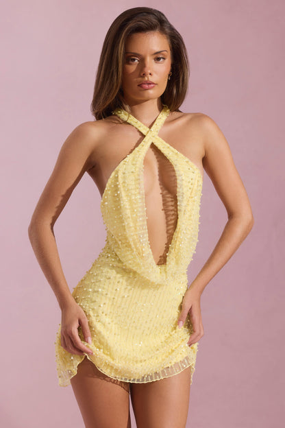 Embellished Cowl-Neck Backless Mini Dress in Yellow