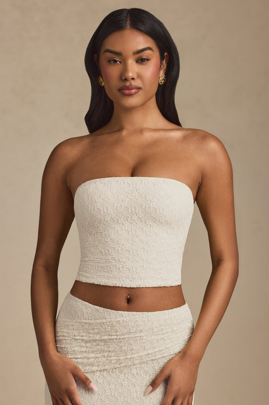 Ruched Strapless Lace Top in Ivory