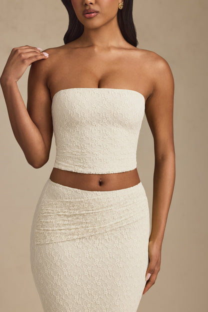 Ruched Strapless Lace Top in Ivory
