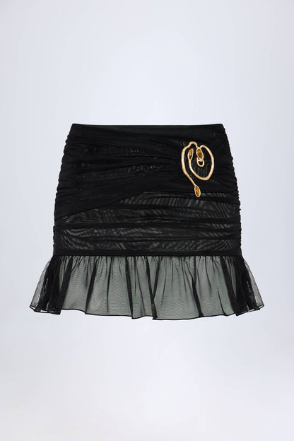 Hardware-Detail Ruffled Mid-Rise Mini Skirt in Black