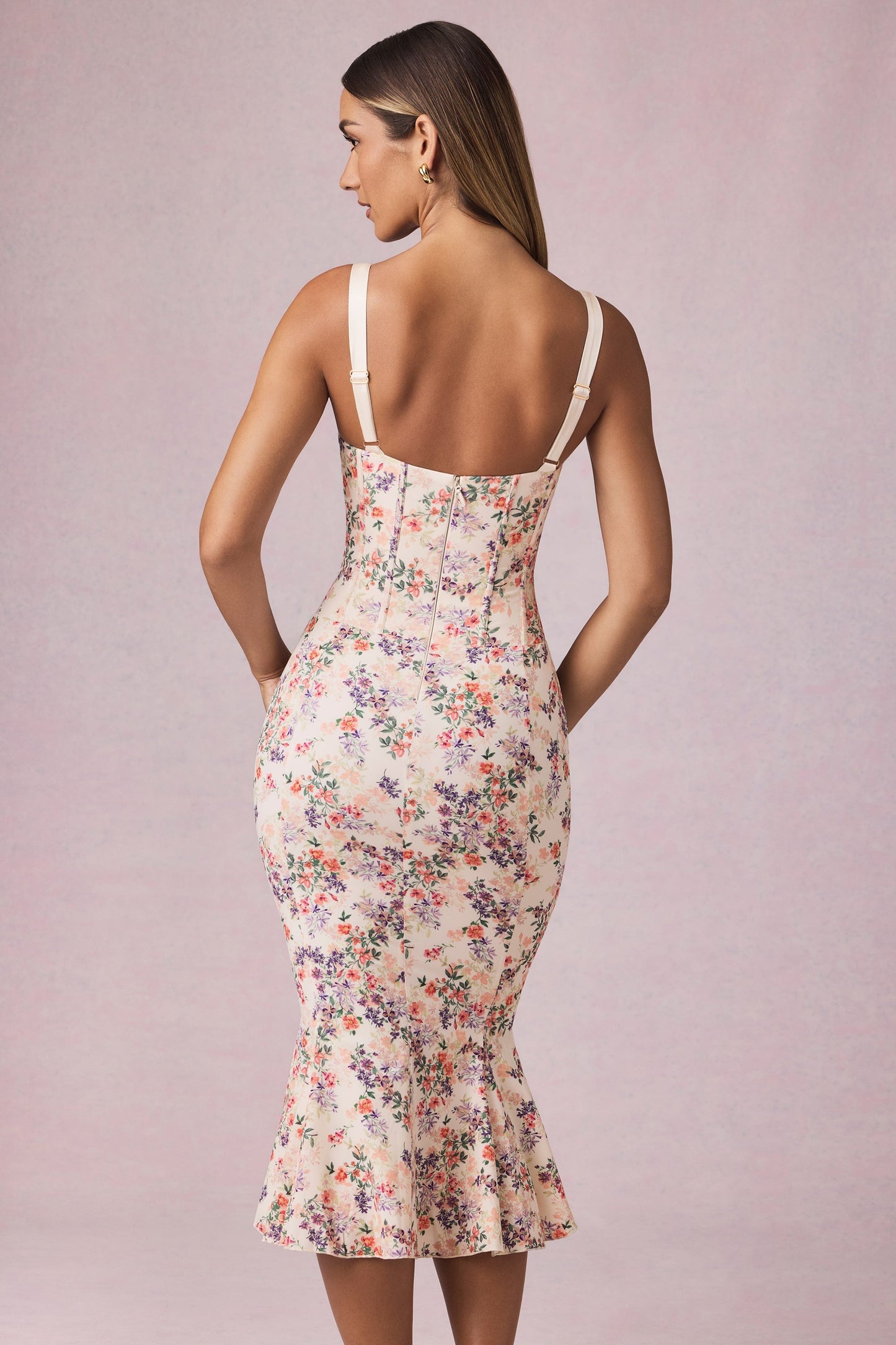 Layered Bra-Detail Fishtail Midaxi Dress in Primrose Floral Print