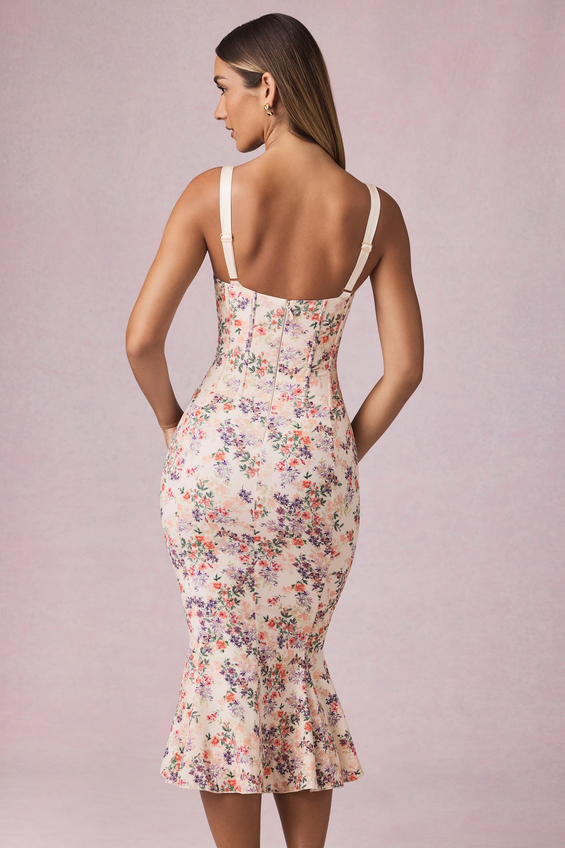 Layered Bra-Detail Fishtail Midaxi Dress in Primrose Floral Print