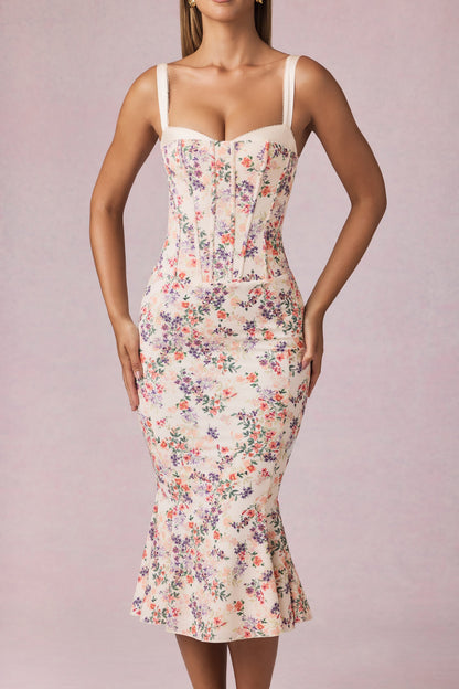 Layered Bra-Detail Fishtail Midaxi Dress in Primrose Floral Print