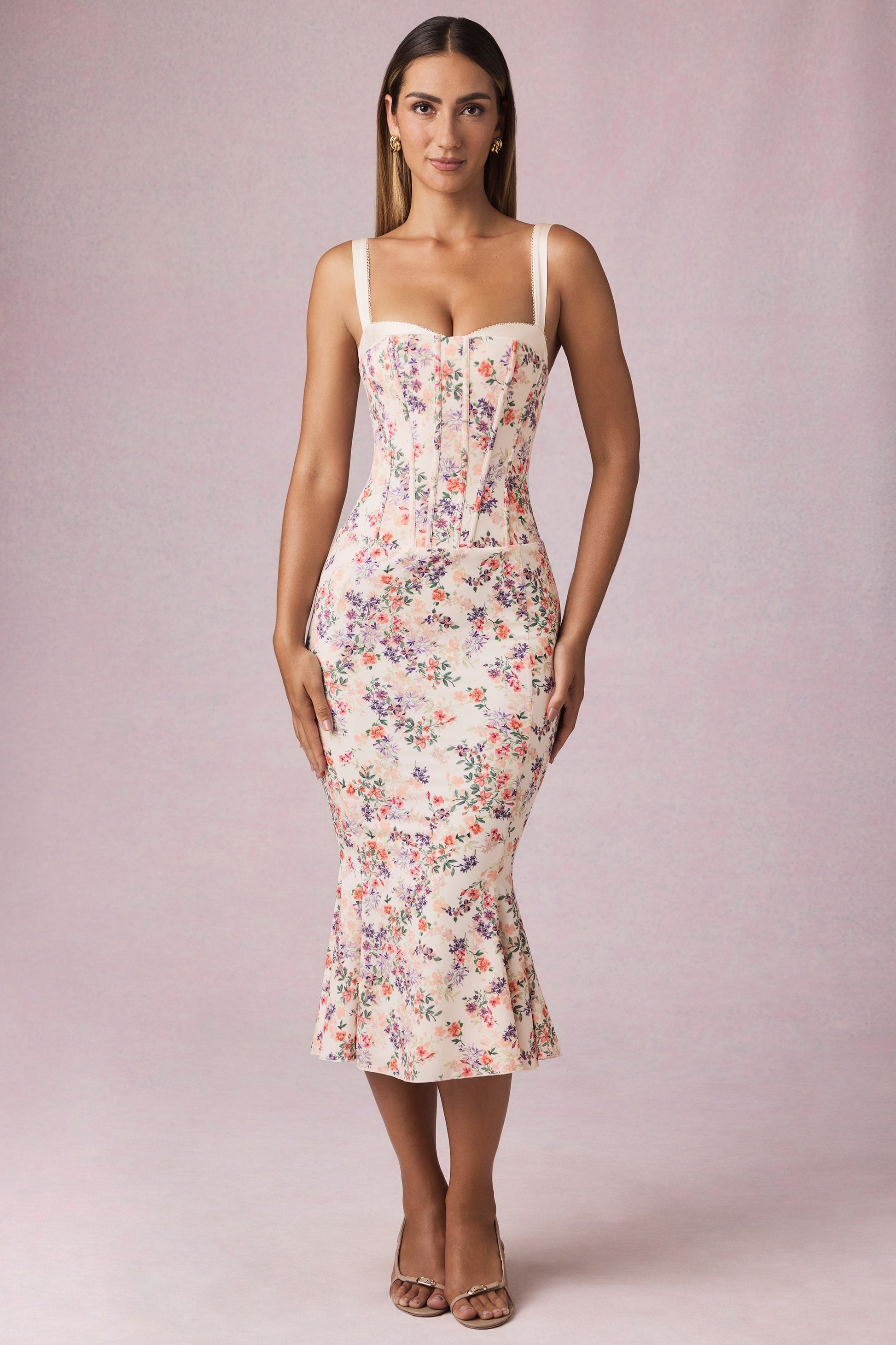Layered Bra-Detail Fishtail Midaxi Dress in Primrose Floral Print