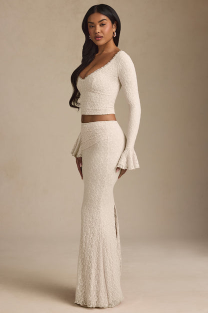 Draped Low-Rise Lace Maxi Skirt in Ivory