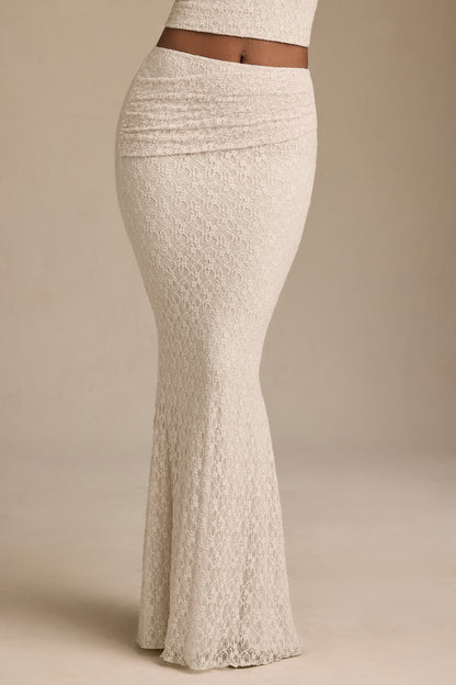 Draped Low-Rise Lace Maxi Skirt in Ivory