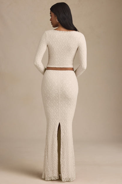 Draped Low-Rise Lace Maxi Skirt in Ivory